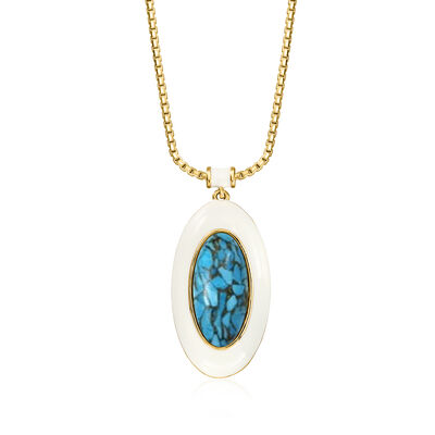 14kt Yellow Gold-Plated Necklace with Simulated Blue Gemstone and White Enamel