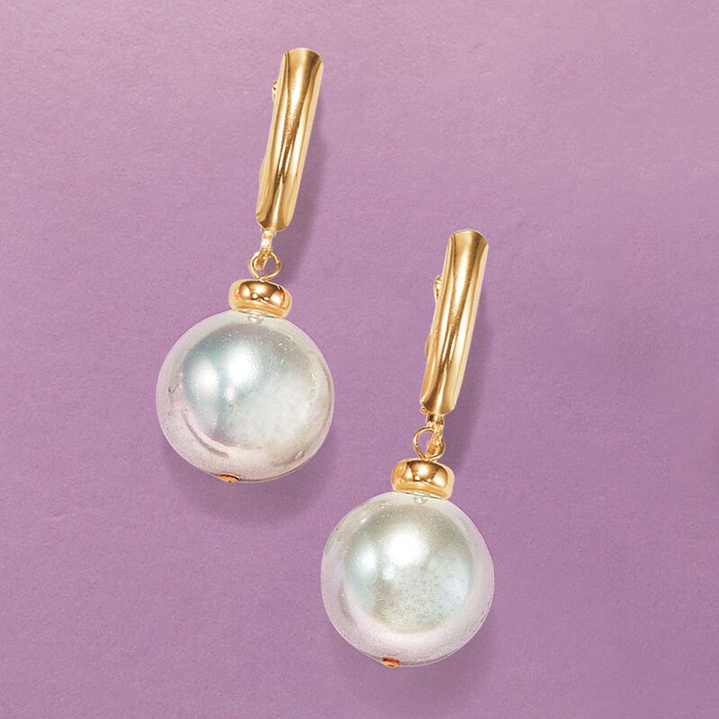 11.5-12.5mm Cultured Pearl Drop Earrings in 14kt Yellow Gold image number 2