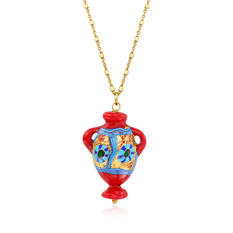 Italian Multicolored Murano Glass Urn Pendant Necklace in 18kt Gold Over Sterling. 18&quot; image number 1