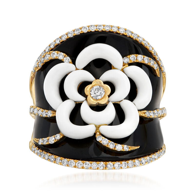 Black Onyx, White Agate and .70 ct. t.w. Diamond Flower Ring in 18kt Yellow Gold image number 0