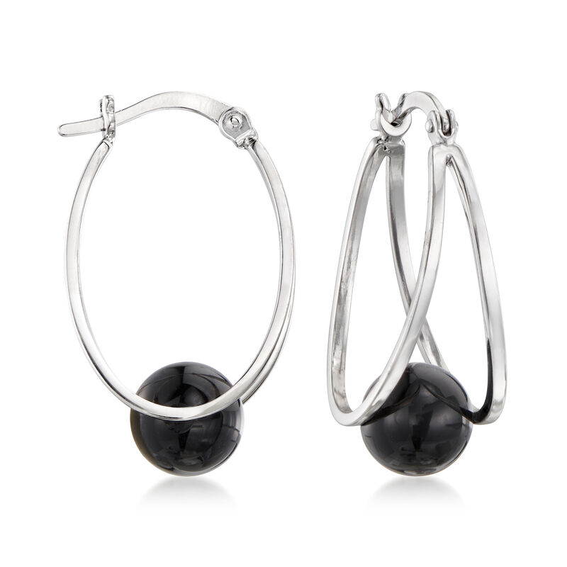 8-9mm Black Agate Bead Double-Hoop Earrings in Sterling Silver. 1&quot; image number 0