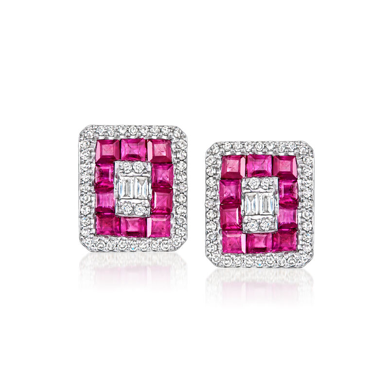 C. 2000 Vintage 1.40 ct. t.w. Ruby and .50 ct. t.w. Diamond Earrings in 14kt White Gold image number 0