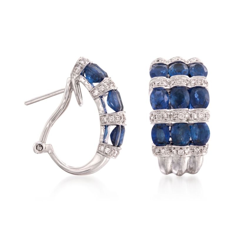 6.29 ct. t.w. Sapphire and .58 ct. t.w. Diamond Hoop Earrings in 18kt White Gold image number 2