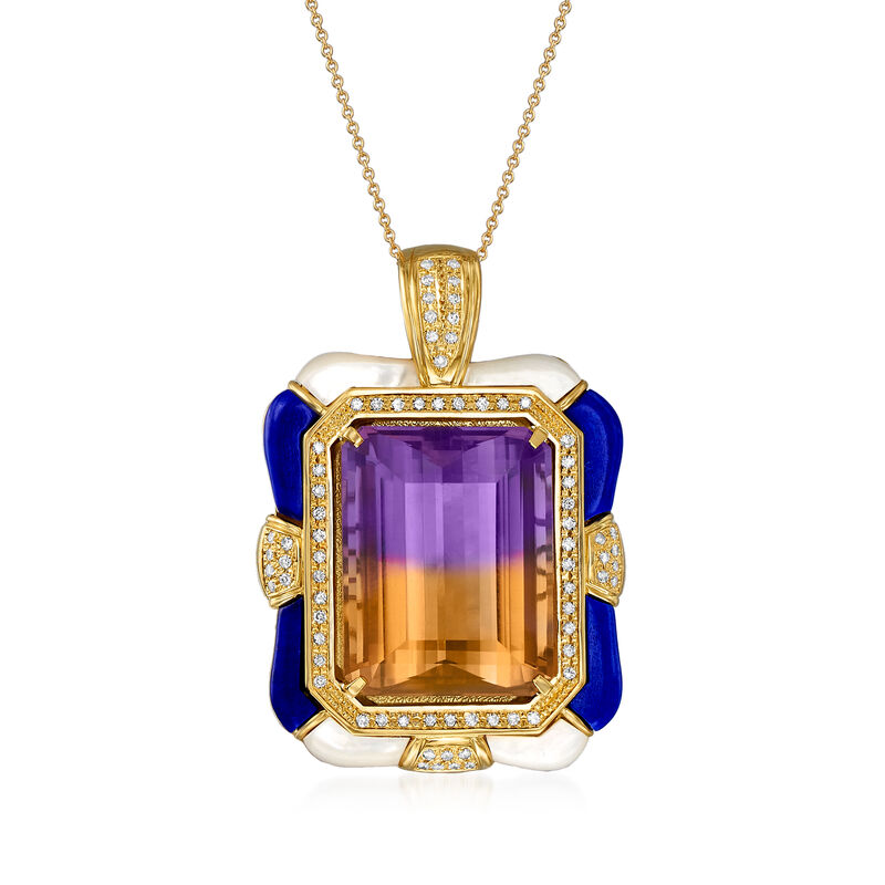 C. 1980 Vintage 48.82 Carat Ametrine, .63 ct. t.w. Diamond and Blue and White Enamel Pendant Necklace in 18kt Yellow Gold image number 0