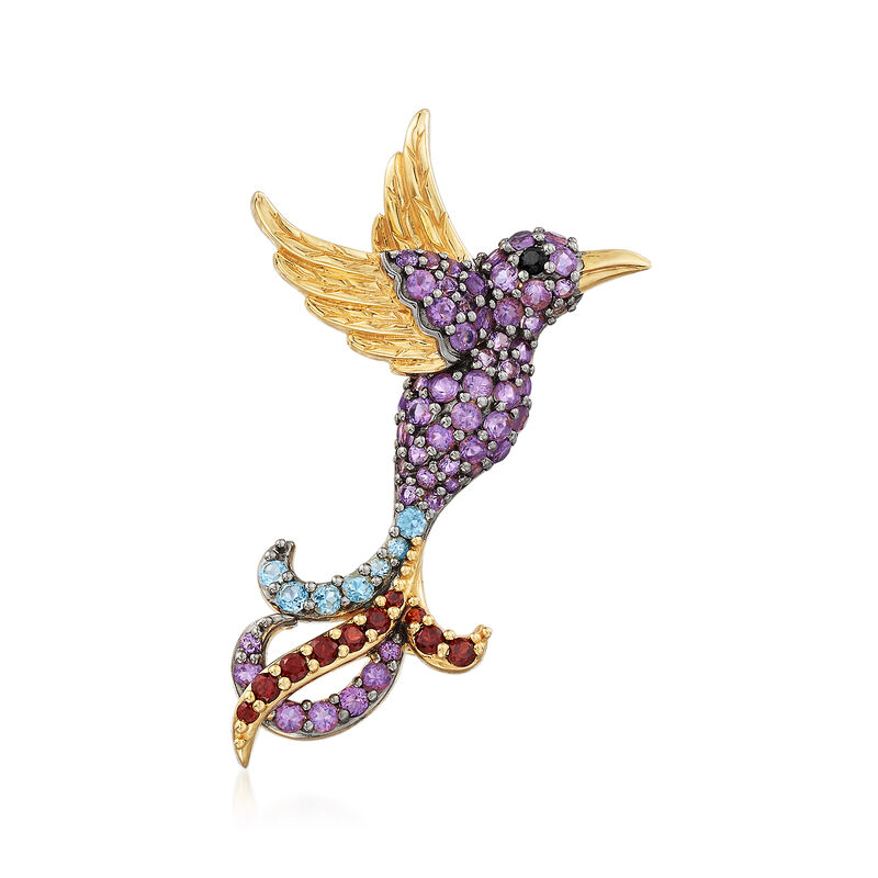 1.74 ct. t.w. Multi-Gemstone Hummingbird Pin Pendant in 18kt Gold Over Sterling image number 1