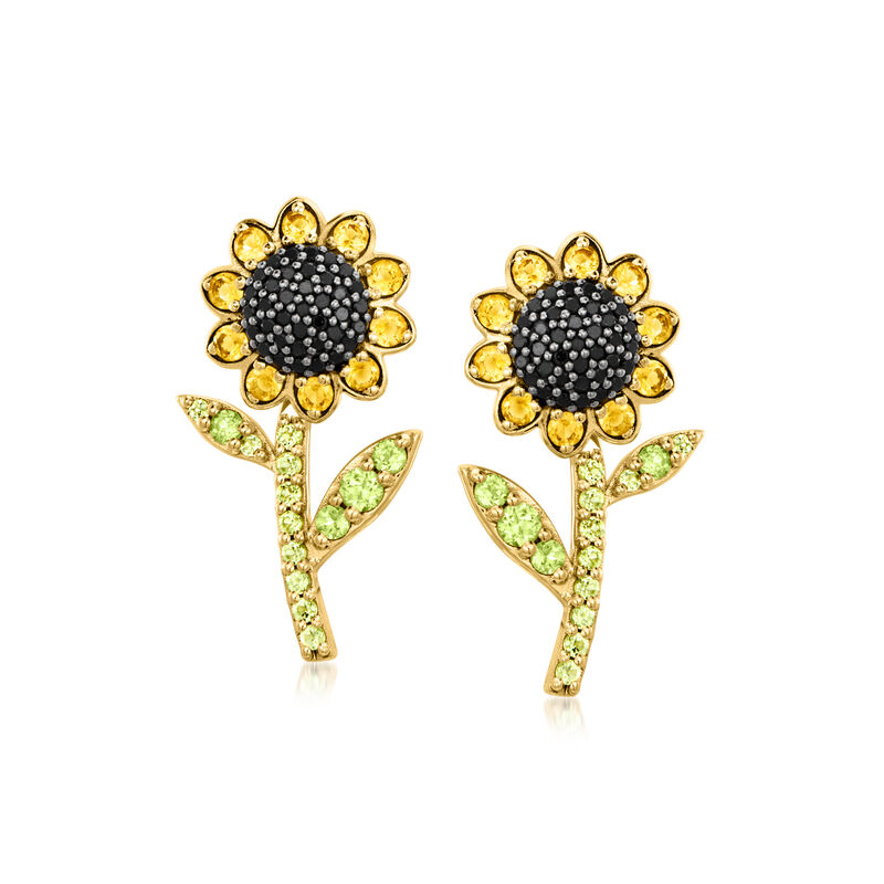 .70 ct. t.w. Citrine, .60 ct. t.w. Peridot and .50 ct. t.w. Black Spinel Jewelry Set: Sunflower Earrings and Earring Jackets in 18kt Gold Over Sterling  image number 3