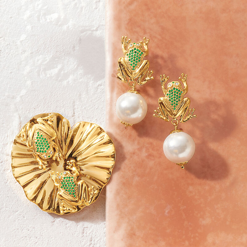 Italian .55 ct. t.w. Green CZ Frog and Lily Pad Pin Pendant in 18kt Gold Over Sterling image number 2