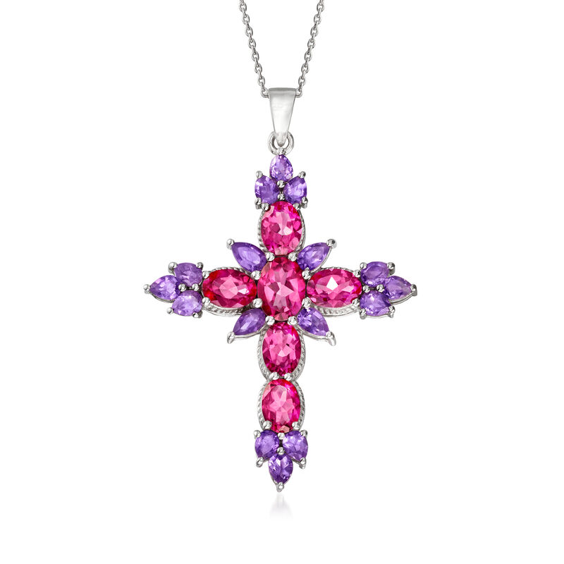 4.90 ct. t.w. Pink Topaz and 2.10 ct. t.w. Amethyst Cross Pendant Necklace in Sterling Silver image number 0