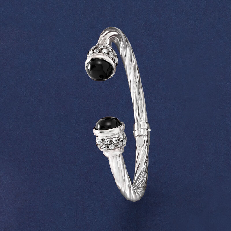 Italian Black Onyx and 1.30 ct. t.w. CZ Twisted Cuff Bracelet in Sterling Silver image number 3