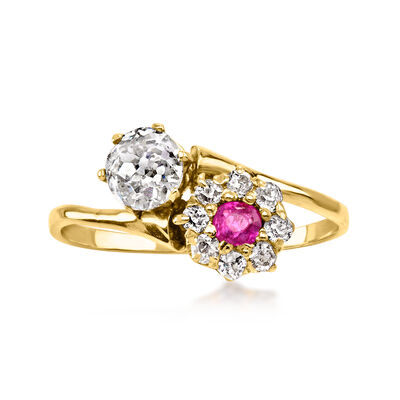 C. 1900 Vintage .10 Carat Ruby and .55 ct. t.w. Diamond Flower Bypass Ring in 18kt Yellow Gold