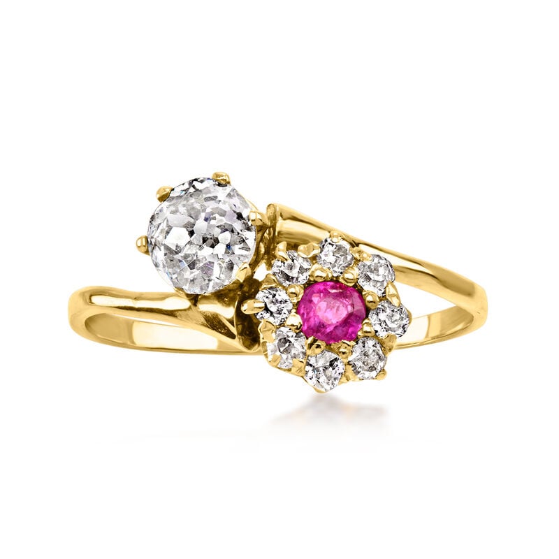 C. 1900 Vintage .10 Carat Ruby and .55 ct. t.w. Diamond Flower Bypass Ring in 18kt Yellow Gold. Size 5 image number 0