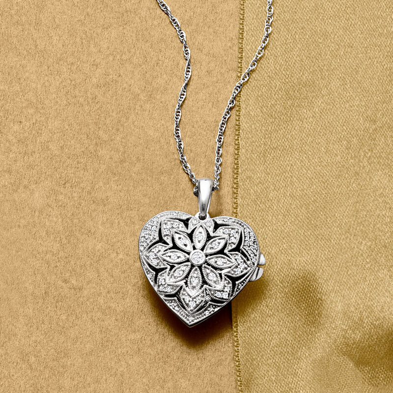 .25 ct. t.w. Diamond Floral Heart Locket Necklace in Sterling Silver image number 3