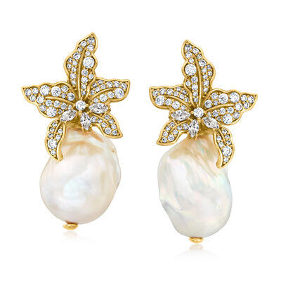 Italian 13-18mm Cultured Baroque Pearl and 1.80 ct. t.w. CZ Flower Earrings in 18kt Gold Over Sterling