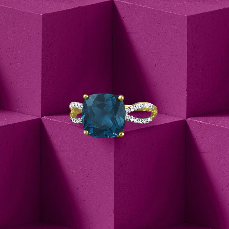 4.90 Carat London Blue Topaz and .11 ct. t.w. Diamond Ring in 14kt Yellow Gold image number 5