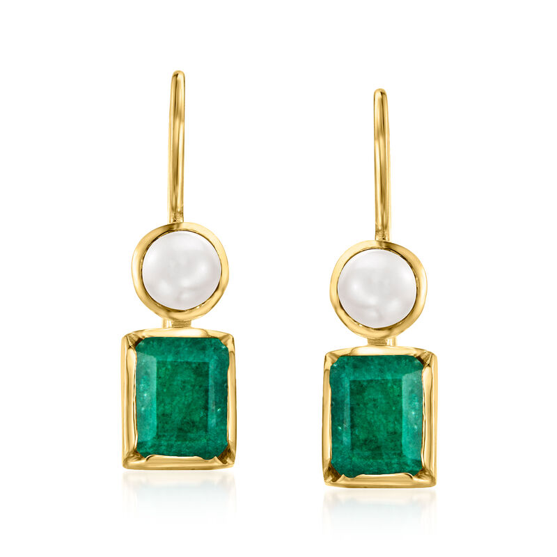 4.5-5mm Cultured Pearl and 3.90 ct. t.w. Emerald Drop Earrings in 18kt Gold Over Sterling  image number 0