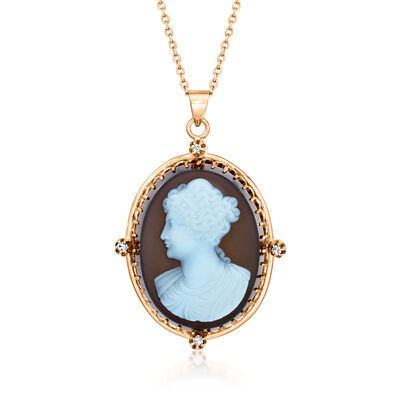 C. 1970 Vintage Brown Agate Cameo Pendant Necklace with .20 ct. t.w. Diamonds in 14kt Yellow Gold