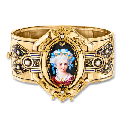 C. 1920 Vintage Painted Portrait Bangle Bracelet with Simulated and Cultured Pearls in 14kt Yellow Gold