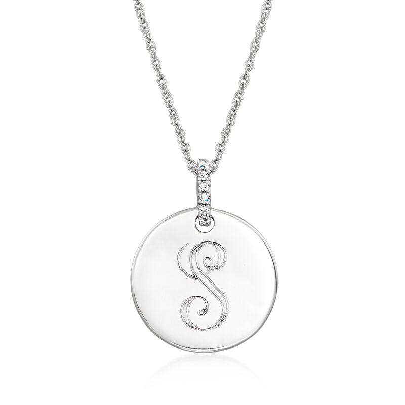 Plain - Sterling Silver Circle Pendant Necklace with Diamonds. 16&quot; image number 1