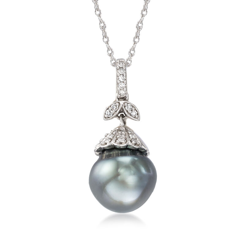 10-10.5mm Cultured Tahitian Pearl Pendant Necklace with Diamond Accents in 14kt White Gold. 17&quot; image number 1