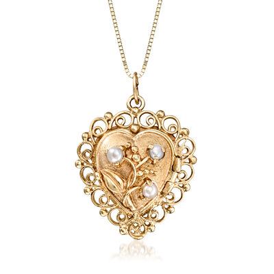 C. 1980 Vintage 3.8mm Cultured Pearl Heart Locket Necklace in 14kt Yellow Gold
