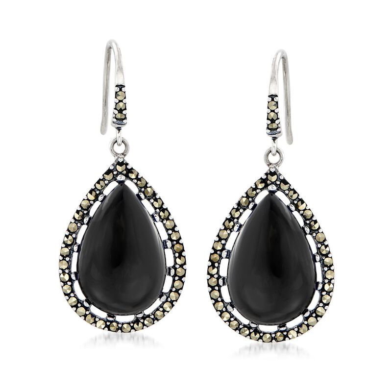 Black Onyx and Marcasite Teardrop Earrings in Sterling Silver image number 0