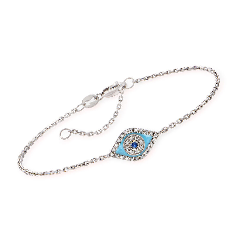 Diamond Evil Eye Bracelet with Single Sapphire in 14kt White Gold. 6&quot; image number 0