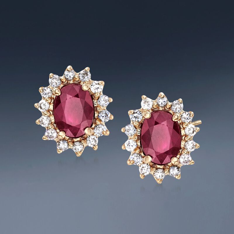 2.00 ct. t.w. Ruby and .56 ct. t.w. Diamond Stud Earrings in 14kt Yellow Gold  image number 2