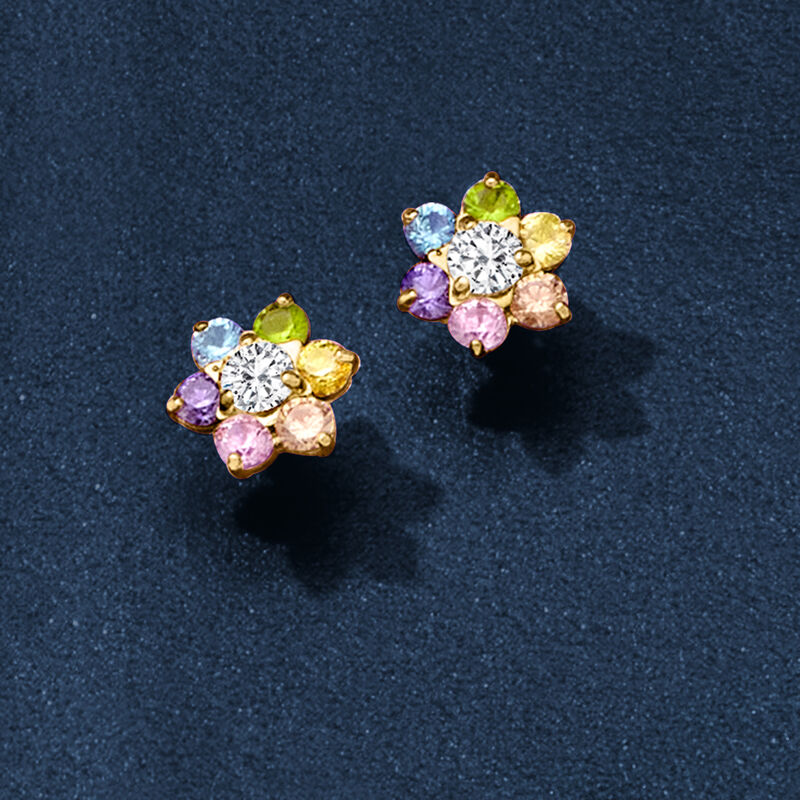 Child's .60 ct. t.w. Multicolored CZ Flower Earrings in 14kt Yellow Gold  image number 1