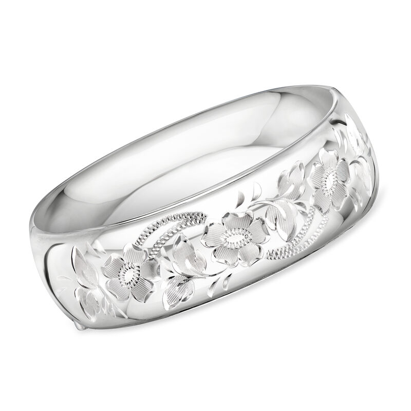 Sterling Silver Floral Wide Bangle Bracelet. 7&quot; image number 0