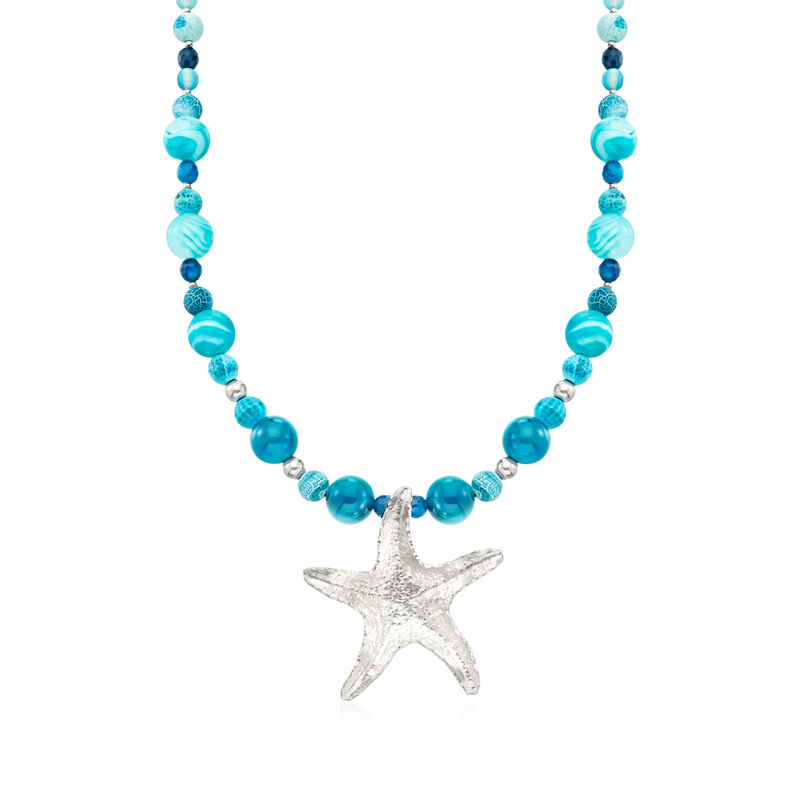 6-12mm Blue Agate Bead and Starfish Drop Necklace in Sterling Silver image number 0