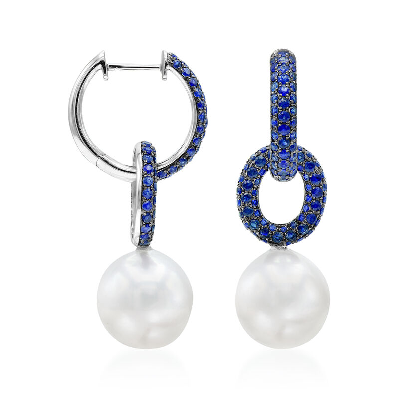 12-13mm Cultured South Sea Pearl and 2.80 ct. t.w. Sapphire Cable-Link Hoop Drop Earrings in 18kt White Gold  image number 1