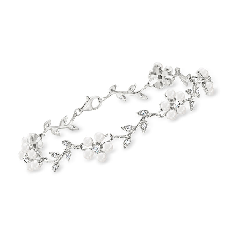 3-3.5mm Cultured Pearl and .60 ct. t.w. CZ Floral Bracelet in Sterling Silver. 7&quot; image number 0