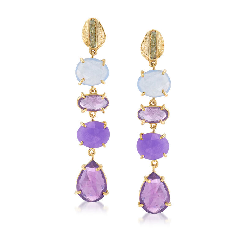 Labradorite, 12.00 ct. t.w. Amethyst and 10.00 ct. t.w. Purple Quartz Drop Earrings in 18kt Gold Over Sterling image number 0