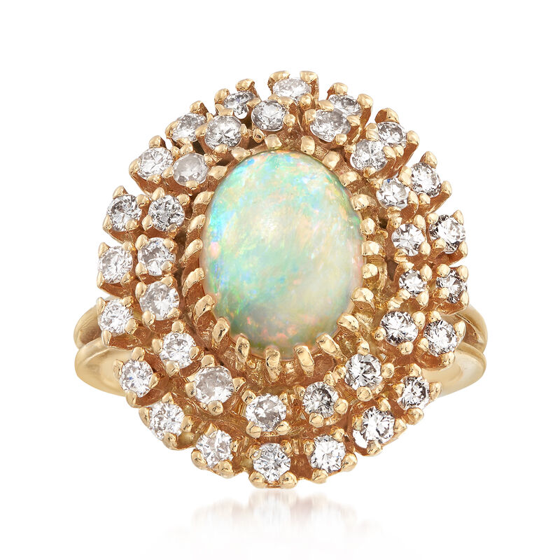 C. 1970 Vintage Opal and 1.15 ct. t.w. Diamond Ring in 14kt Yellow Gold image number 0