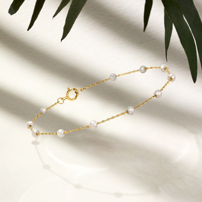 3-3.5mm Cultured Pearl Station Bracelet in 14kt Yellow Gold. 7&quot; image number 2