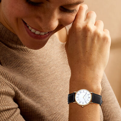 C. 1980 Vintage Tiffany Jewelry Women's 30mmm 14kt Yellow Gold Watch with Black Leather Strap