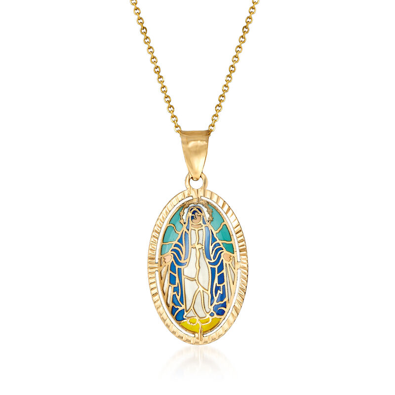 14kt Yellow Gold Virgin Mary Pendant Necklace with Multicolored Enamel image number 0