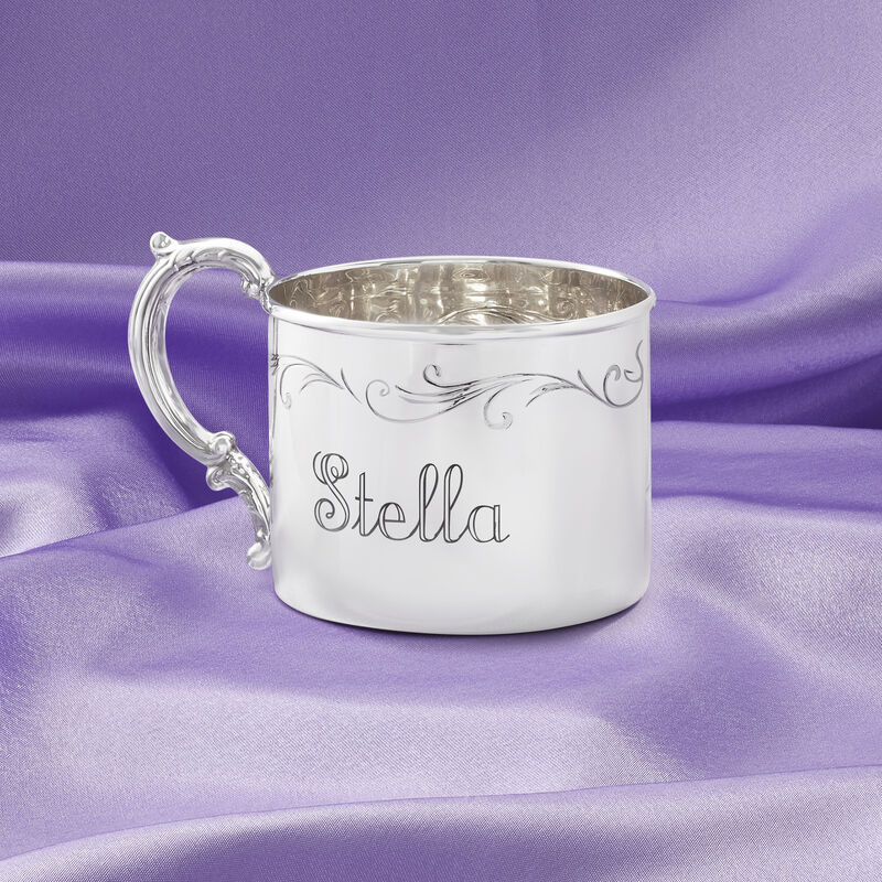 Empire Sterling Silver Personalized Floral-Etched Baby Cup image number 1