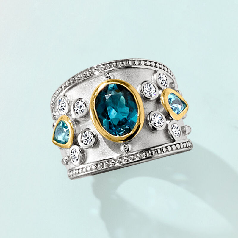 3.70 ct. t.w. London Blue, Swiss Blue and White Topaz Ring in Sterling Silver with 14kt Yellow Gold image number 4