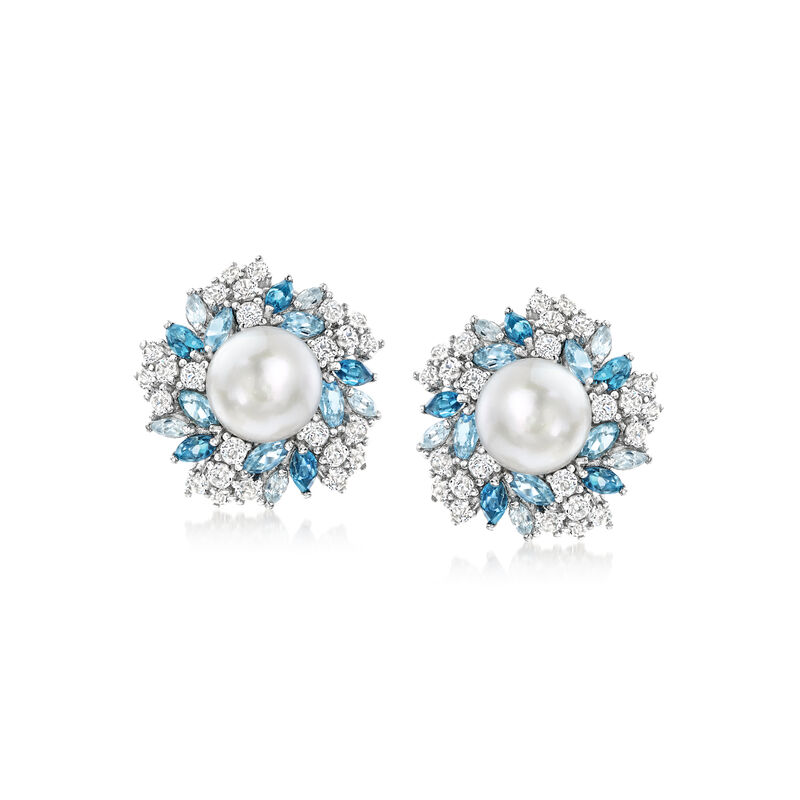 8.5-9mm Cultured Pearl and 3.70 ct. t.w. Tonal Blue and White Topaz Earrings in Sterling Silver  image number 0