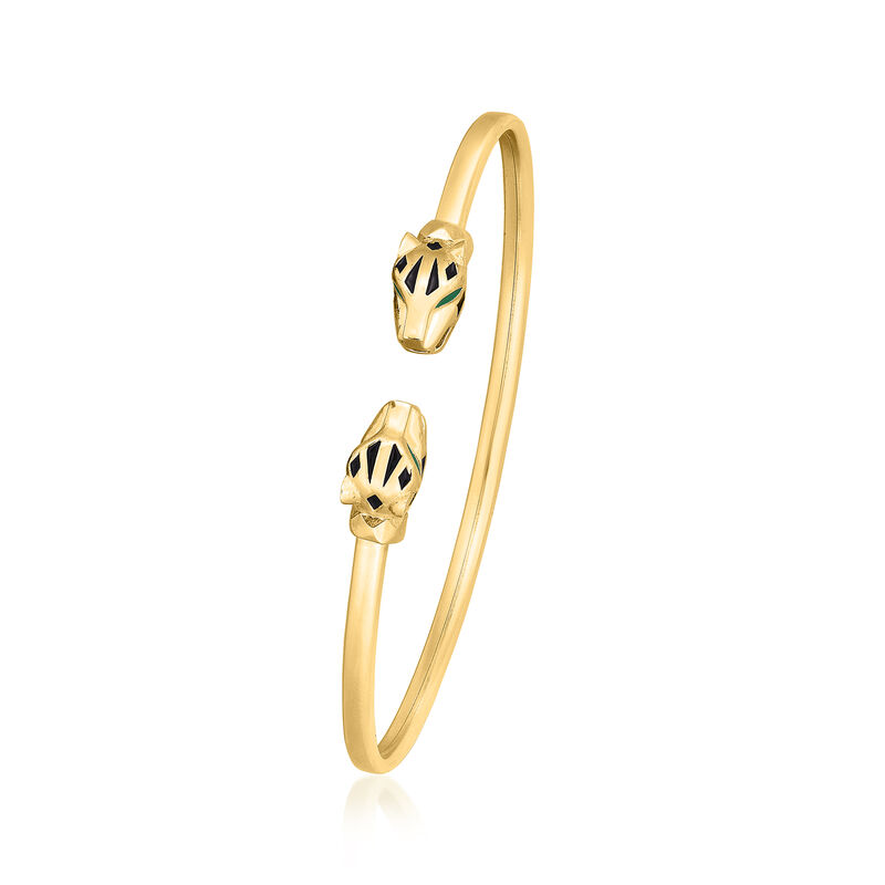 Italian 14kt Yellow Gold Panther Head Cuff Bracelet with Black and Green Enamel. 7.5&quot; image number 1