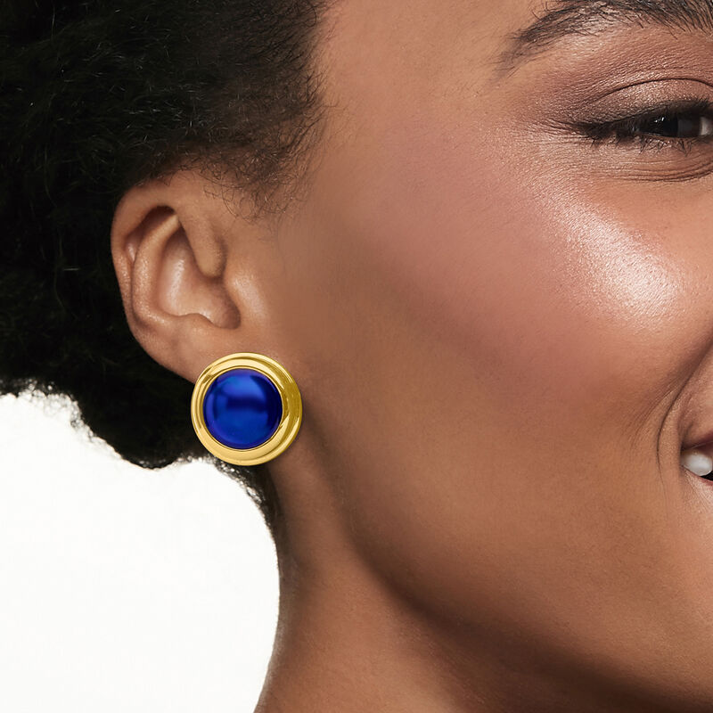 C. 1970 Vintage Blue Enamel Round Clip-On Earrings in 18kt Yellow Gold image number 1