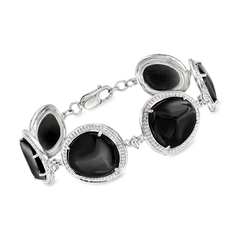Onyx and .80 ct. t.w. White Zircon Bracelet in Sterling Silver. 7.25&quot; image number 0