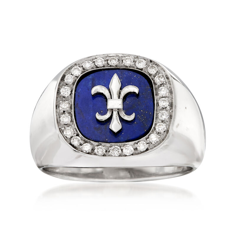 C. 1970 Vintage Fleur-De-Lis Lapis and .35 ct. t.w. Diamond Ring in 18kt White Gold. Size 11 image number 0