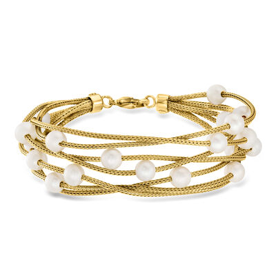 Italian 5-6mm Cultured Pearl Multi-Row Station Bracelet in 18kt Gold Over Sterling