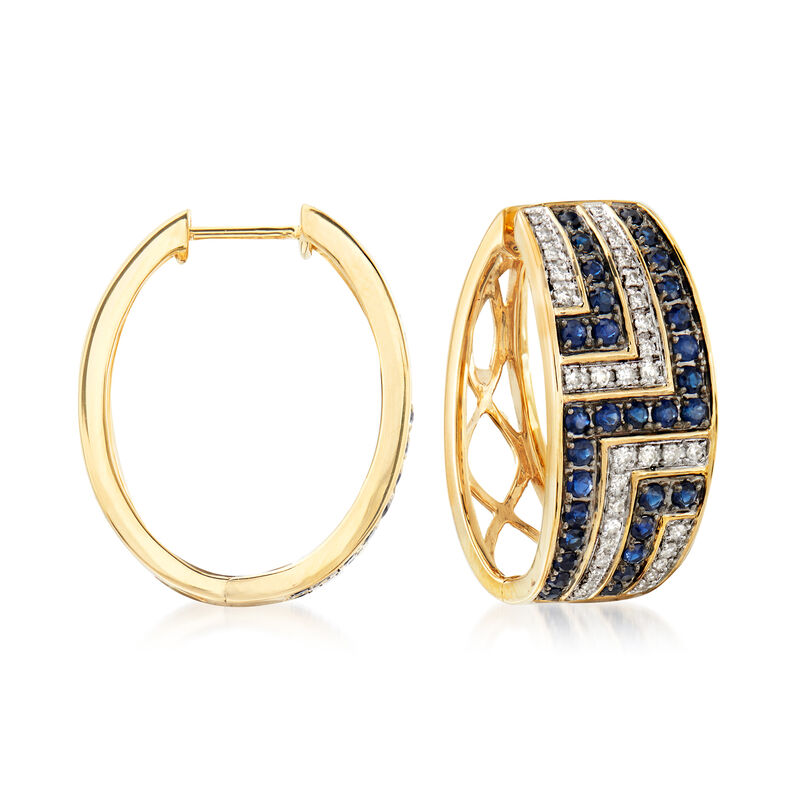 1.10 ct. t.w. Sapphire and .33 ct. t.w. Diamond Hoop Earrings in 14kt Yellow Gold image number 0