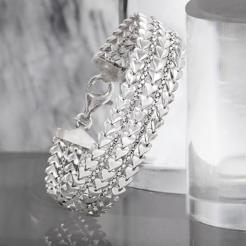 Italian Sterling Silver Multi-Row Heart Bracelet image number 3