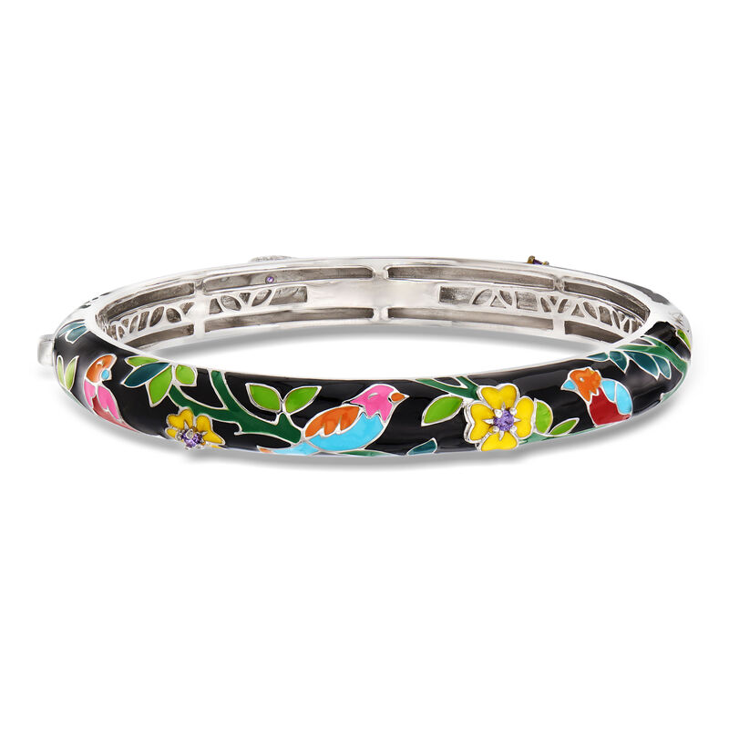 Belle Etoile "Song Bird" Multicolored Enamel Slim Bangle Bracelet with CZs in Sterling Silver. 7" image number 0