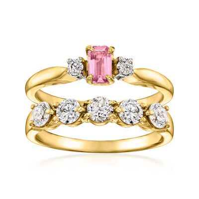 C. 1990 Vintage .25 Carat Pink Tourmaline and .85 ct. t.w. Diamond Bridal Set: Engagement and Wedding Rings in 18kt Yellow Gold