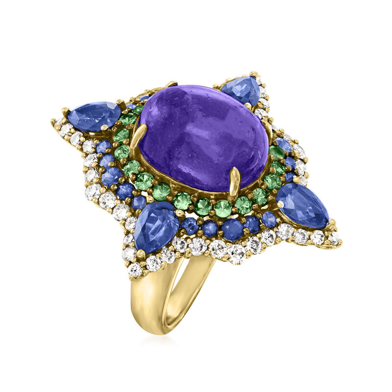 10.00 Carat Tanzanite Ring with 3.40 ct. t.w. Multi-Gemstones and 1.05 ct. t.w. Diamonds in 18kt Yellow Gold. Size 6 image number 2